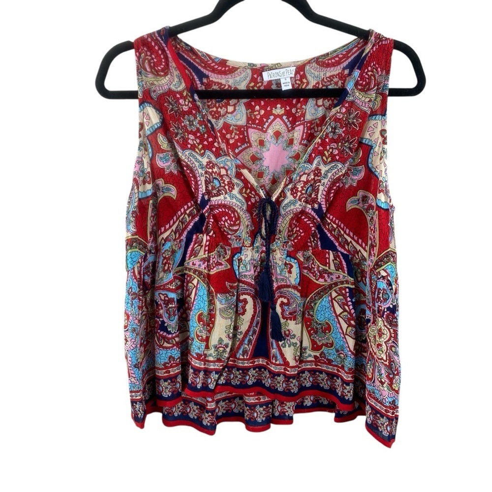 Patrons of Peace Red Sleeveless Paisley Print Tie Front Tank Top Blouse‎ Sz S